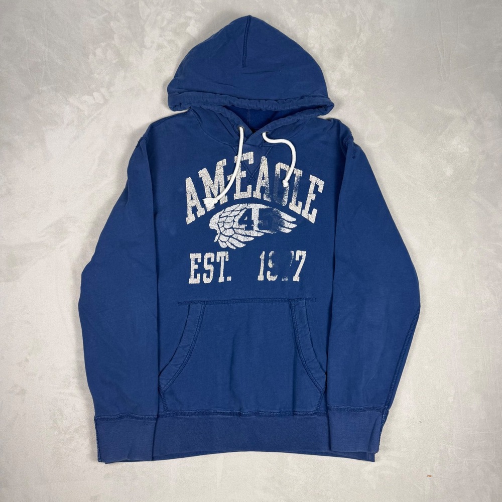 Y2K Mens American Eagle Distressed Collegiate Graphic Hoodie Navy Blue Large